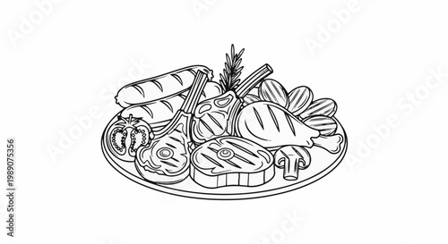 A plate of grilled meats, sausages, vegetables and herbs