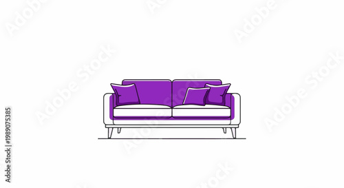 A minimalist line drawing of a modern purple and white sofa with four pillows
