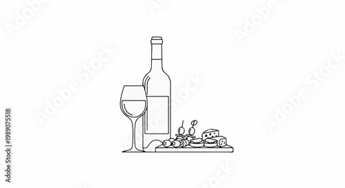A minimalist line drawing of wine and cheese on a board