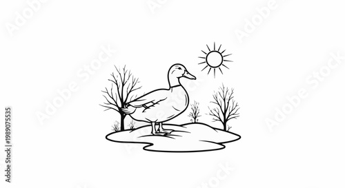A line drawing of a duck stands in water near trees under the sun