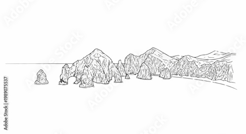 A line drawing of a dramatic coastline with rugged rock formations and archways