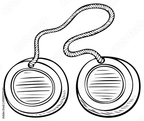 Vintage clacker balls toy in a hand drawn black and white line art illustration style