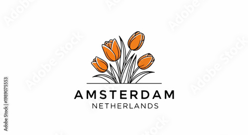 A minimalist logo featuring orange tulips above "AMSTERDAM NETHERLANDS