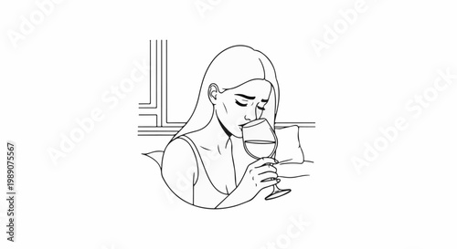 A minimalist line drawing of a woman enjoying a glass of wine