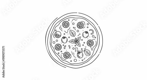 A minimalist outline drawing of a pizza with tomatoes and basil leaves