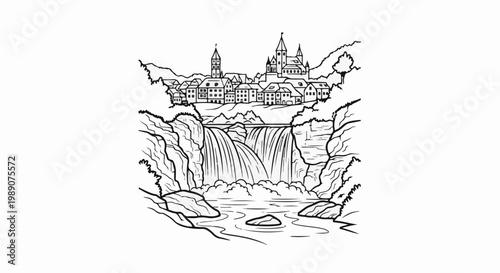 A quaint village nestles atop cliffs overlooking a majestic waterfall