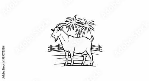 A line drawing of a goat standing in front of a fence and palm trees
