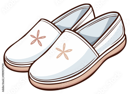 Illustrated pair of white casual slip-on shoes with a simple flower design