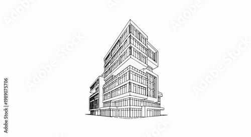 A modern, multi-story office building with angular design and numerous windows