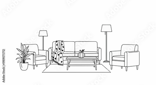 A line drawing of a living room with two armchairs, a sofa, coffee table, and lamps