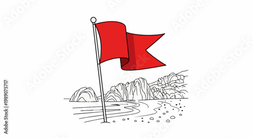 A red flag flies on a rocky shore with crashing waves and distant cliffs