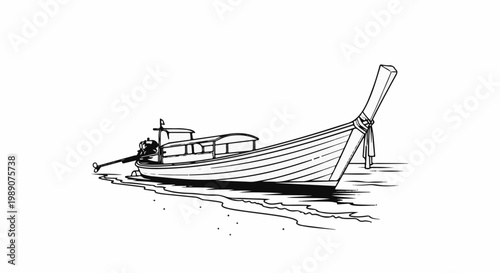 A monochrome drawing shows a long, narrow boat with a canopy and an outboard motor