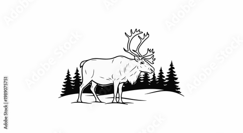 A reindeer stands in a snowy landscape with pine trees