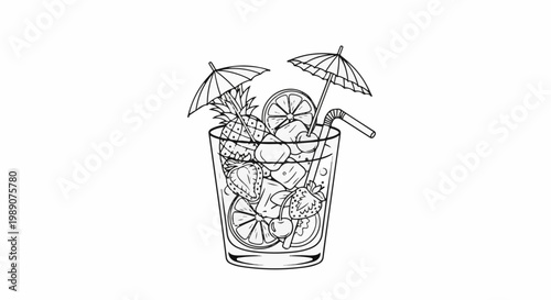 A refreshing tropical drink with fruit slices, ice cubes, and mini umbrellas