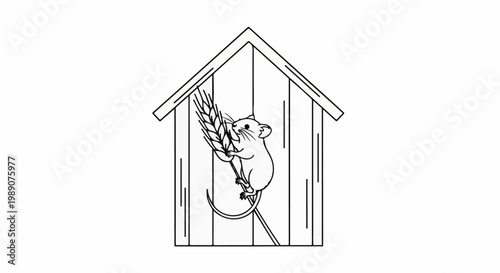 A mouse hangs on a stalk of wheat inside a stylized wooden house