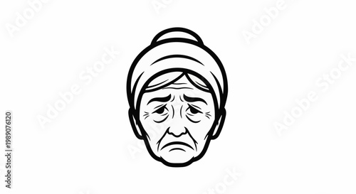 A sad elderly woman's face with deep wrinkles and a hair bun
