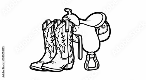 A saddle and two cowboy boots are depicted in a line art style