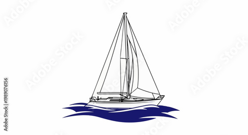 A sailboat with full sails glides over blue waves, depicted in a line drawing