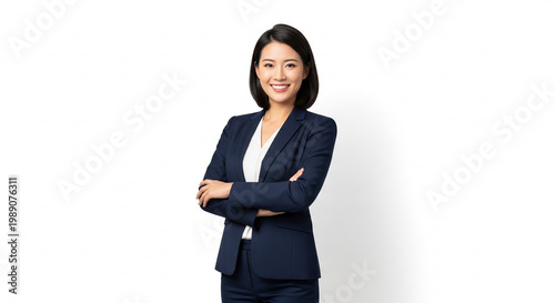Confident and Professional Asian Businesswoman Standing with Arms Crossed, Exuding Leadership and a Friendly Smile on a Clean White Background