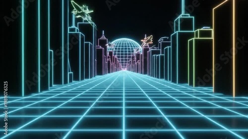 Neon lights illuminate futuristic cityscape with grid floor and skyscrapers at night