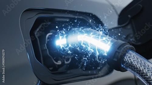 Electric vehicle charging with glowing blue connector sparks energy transfer