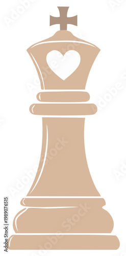 Minimalist king chess piece in beige with a heart cutout design, merging love and strategy in a powerful game symbol.
