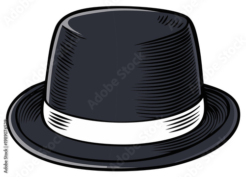 Stylish Black Bowler Hat, Formal Headwear with White Band, Vintage Look