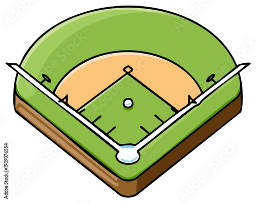 Isometric cartoon baseball field illustration with diamond, bases, ball, and foul lines