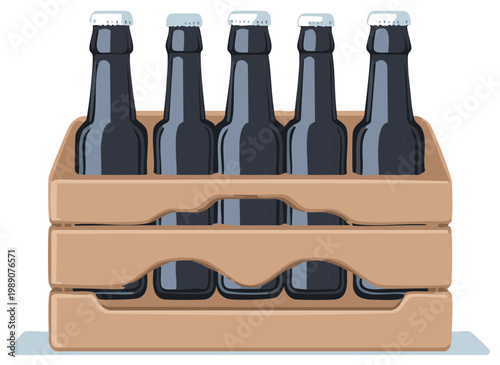 Dark beer bottles in a wooden carrier, perfect for events and gatherings, beverages.