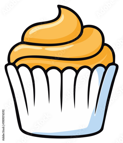 Cartoon cupcake illustration with vibrant yellow frosting and white fluted wrapper sweet dessert treat