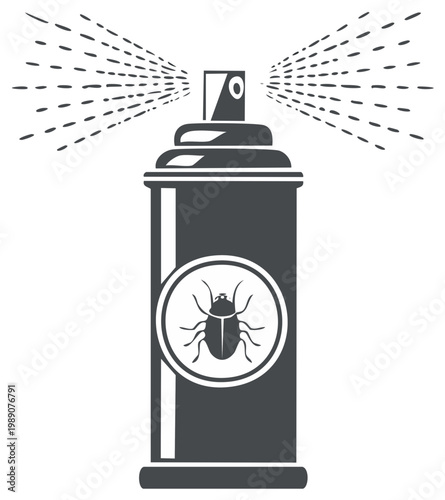 Pest control spray can with bug symbol releasing a fine mist cloud