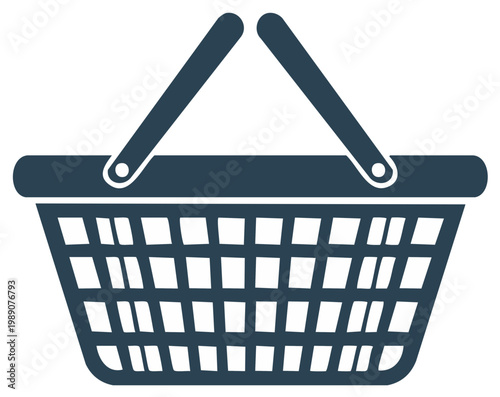 Dark blue empty market grocery basket vector icon representing retail commerce and consumerism concepts
