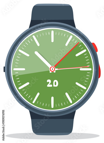Cartoon style smart watch with green dial and red hands for tracking time and health
