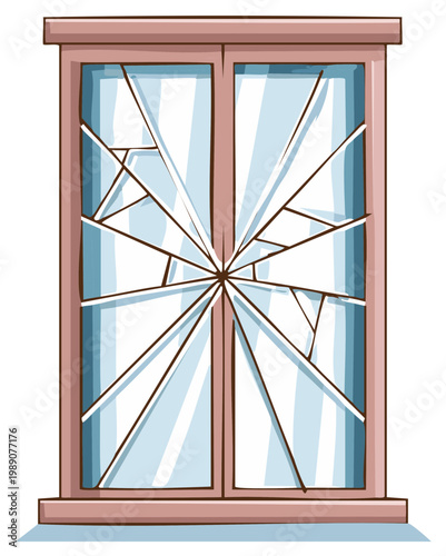 Broken Window Glass with Wooden Frame Cartoon Illustration Vector Art