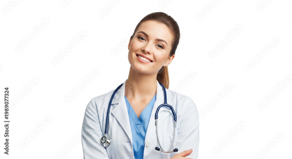 Fototapeta premium Confident and friendly female doctor in a white coat with a stethoscope, smiling at the camera, conveying professionalism and care in a healthcare setting