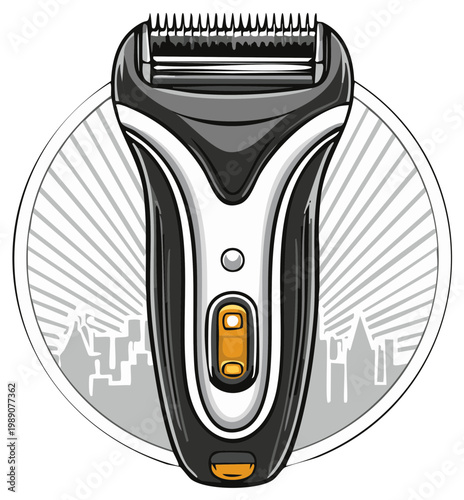 Modern Electric Shaver Grooming Device with Stylized Cityscape Background
