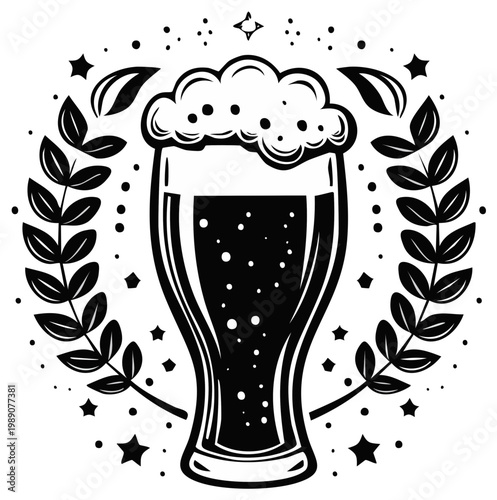 Black and white beer glass with foam and leaf wreath design
