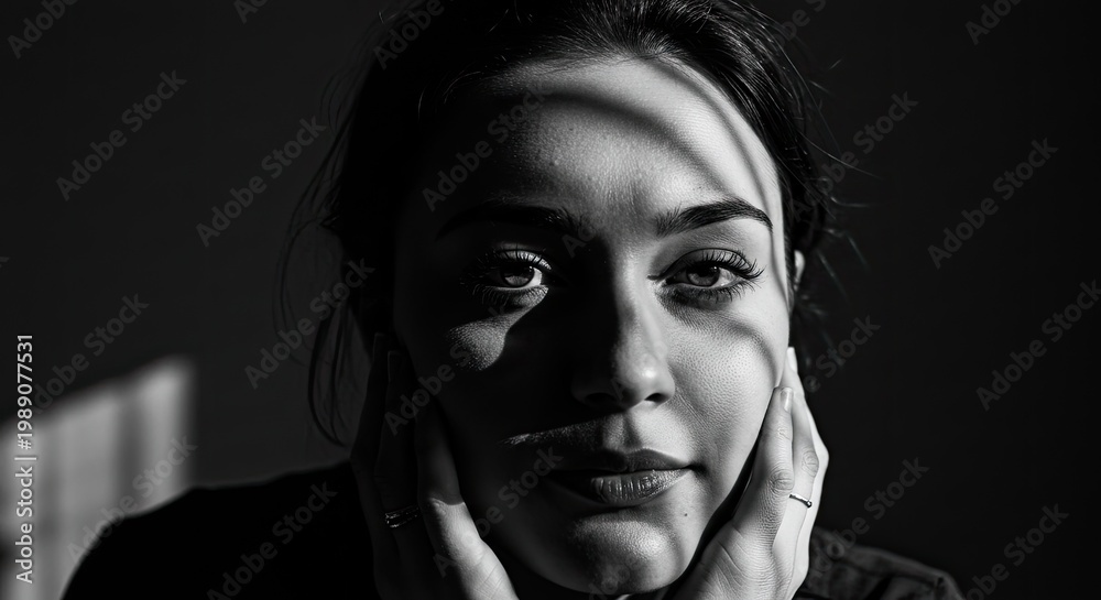 Fototapeta premium Dramatic black and white portrait of a woman with shadows and sunlight