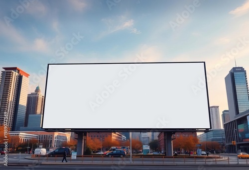 Giant empty billboard stretches across cityscape, design, clouds