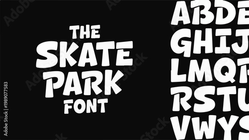 The skate park font displayed with the title text on the left and a partial alphabet of white, chunky, rounded capital letters on the right, all presented against a solid black background surface