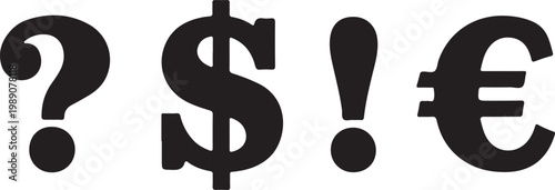 Question mark, Dollar sign, Exclamation mark, And euro symbol on transparent background