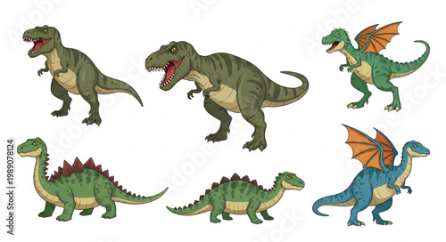Collection of six different cartoon dinosaurs and dragon like creatures.