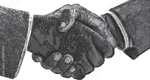 Black and white illustration of two hands shaking with knives