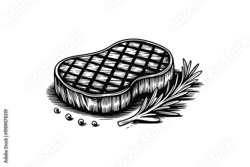 Hand drawn steak meat sketch with herbs and peppercorns vintage design.