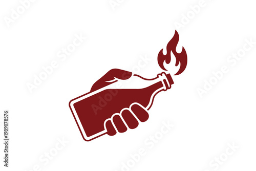 Hand holding a molotov cocktail, fire burning, dangerous symbol, red.