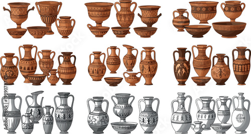 Ancient pottery and ceramic vases collection with traditional ornamental patterns vintage clay vessels flat vector illustration set