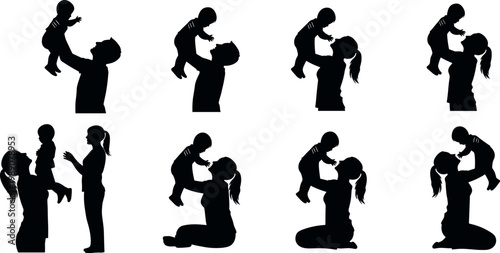 Mother lifting baby silhouettes set with different poses parenting love family moments black figures isolated on white background