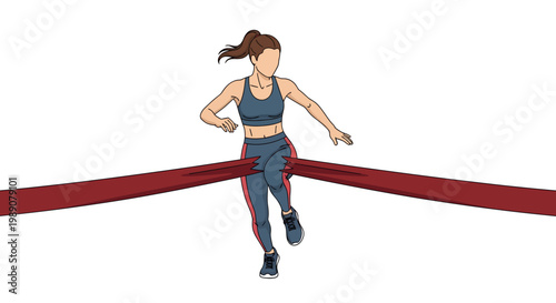 Athletic Woman Runner Crossing the Finish Line Ribbon, Vector Illustration of Success, Achievement, and Winning a Race Concept on White Background