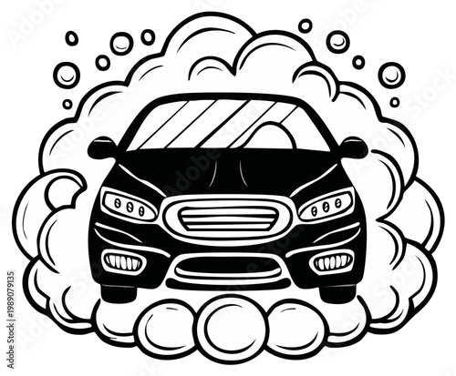 Car wash doodle vector illustration black and white drawing bubbles