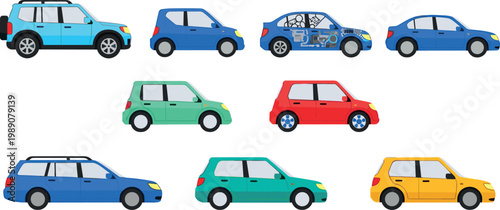 Car set with different vehicle types including suv hatchback sedan and wagon colorful transport illustration collection isolated